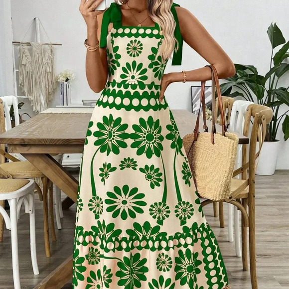 Green Casual Women's Print Laced Shoulder Cut-Out Waist Dress Vacation Beach - Picture 6 of 6